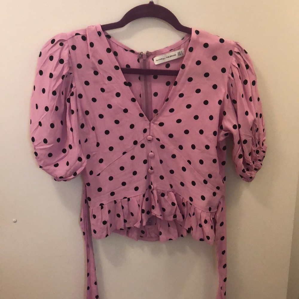 Black and Pink Puff-Sleeve Polka Dot Blouse